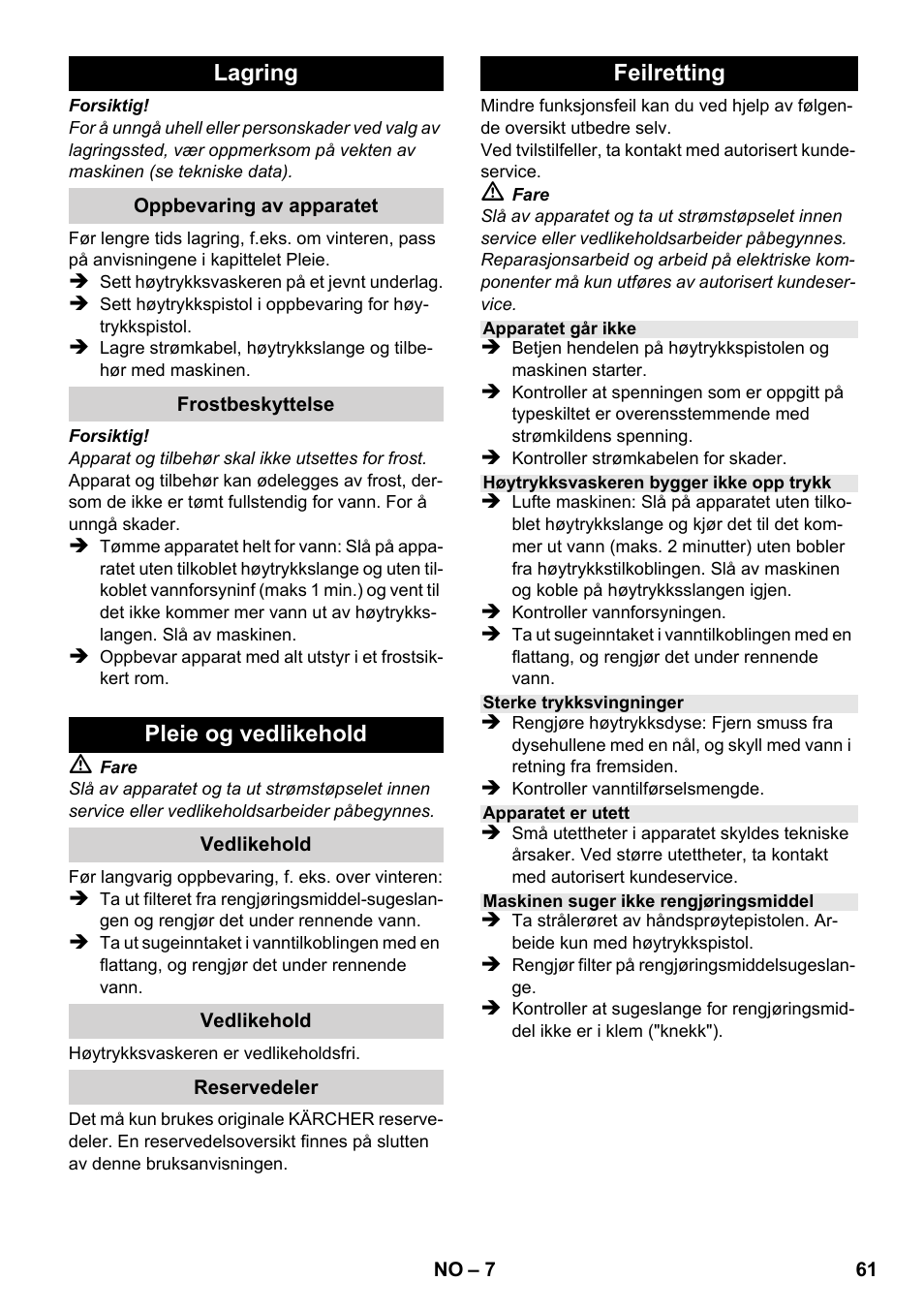 Lagring, Pleie og vedlikehold, Feilretting | Karcher K 2-185 User Manual | Page 61 / 180