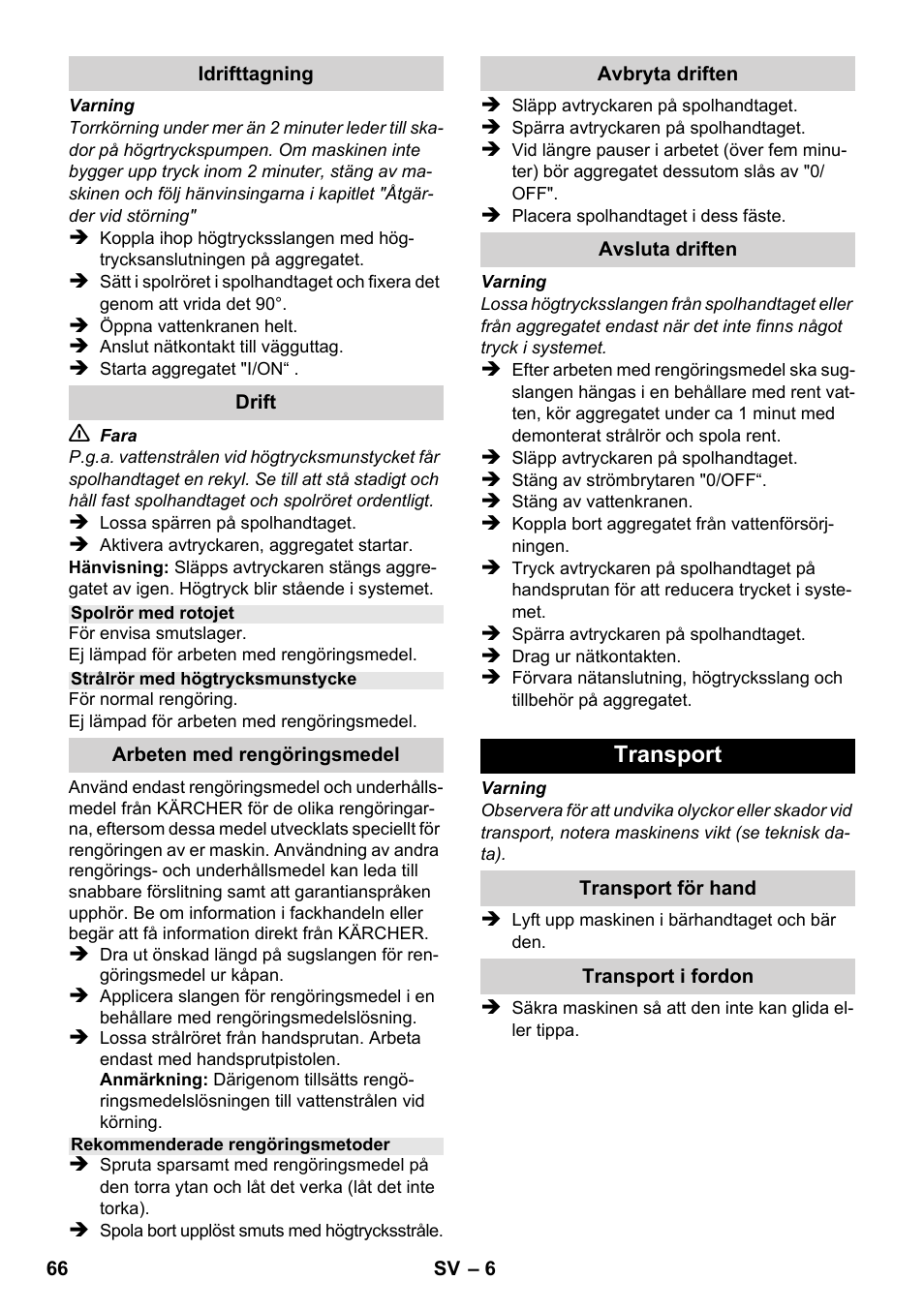 Transport | Karcher K 2-185 User Manual | Page 66 / 180