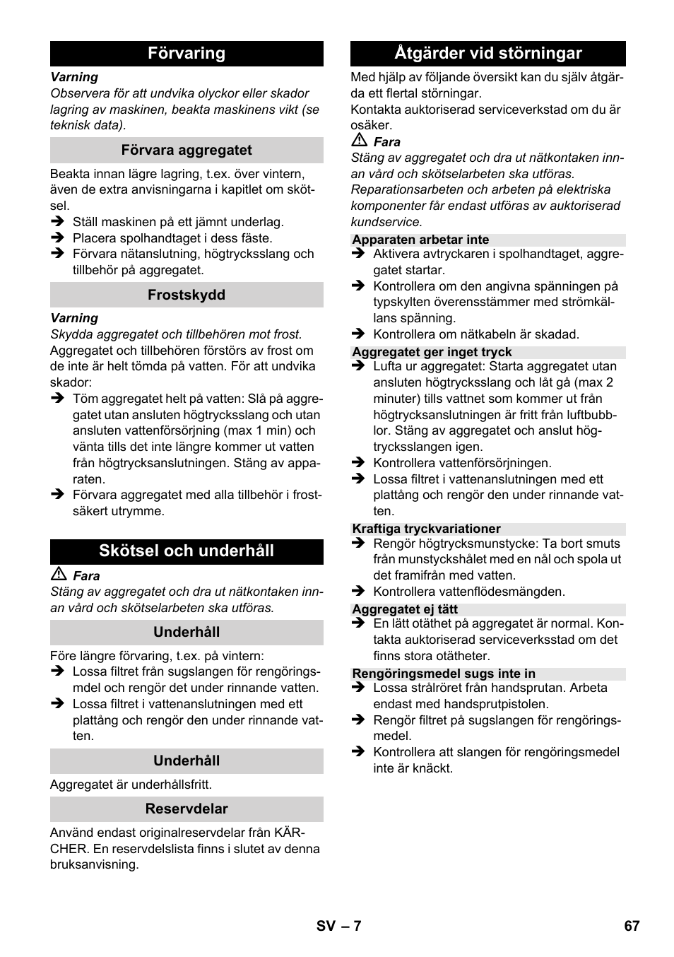 Förvaring, Skötsel och underhåll, Åtgärder vid störningar | Karcher K 2-185 User Manual | Page 67 / 180