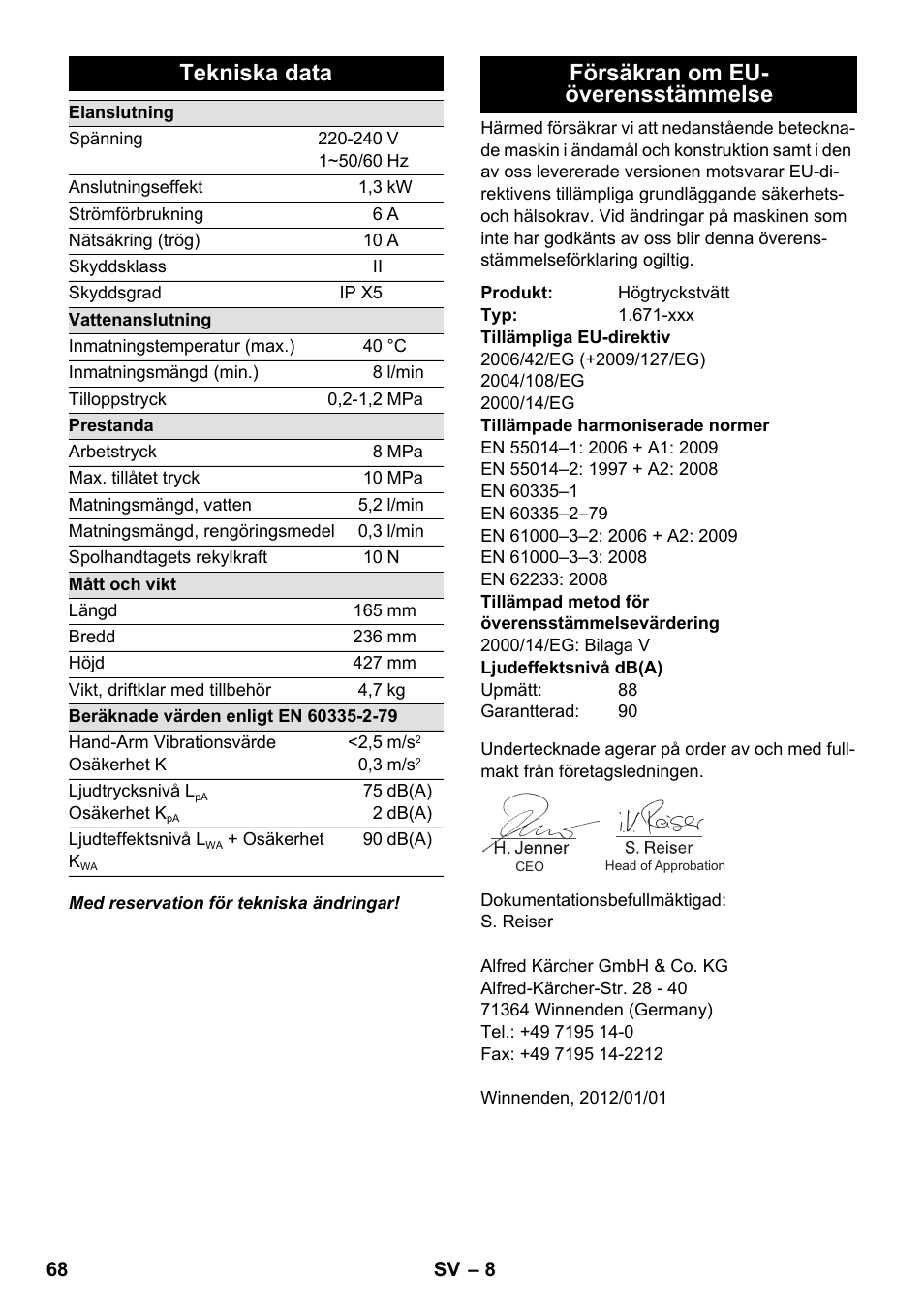 Tekniska data, Försäkran om eu- överensstämmelse | Karcher K 2-185 User Manual | Page 68 / 180