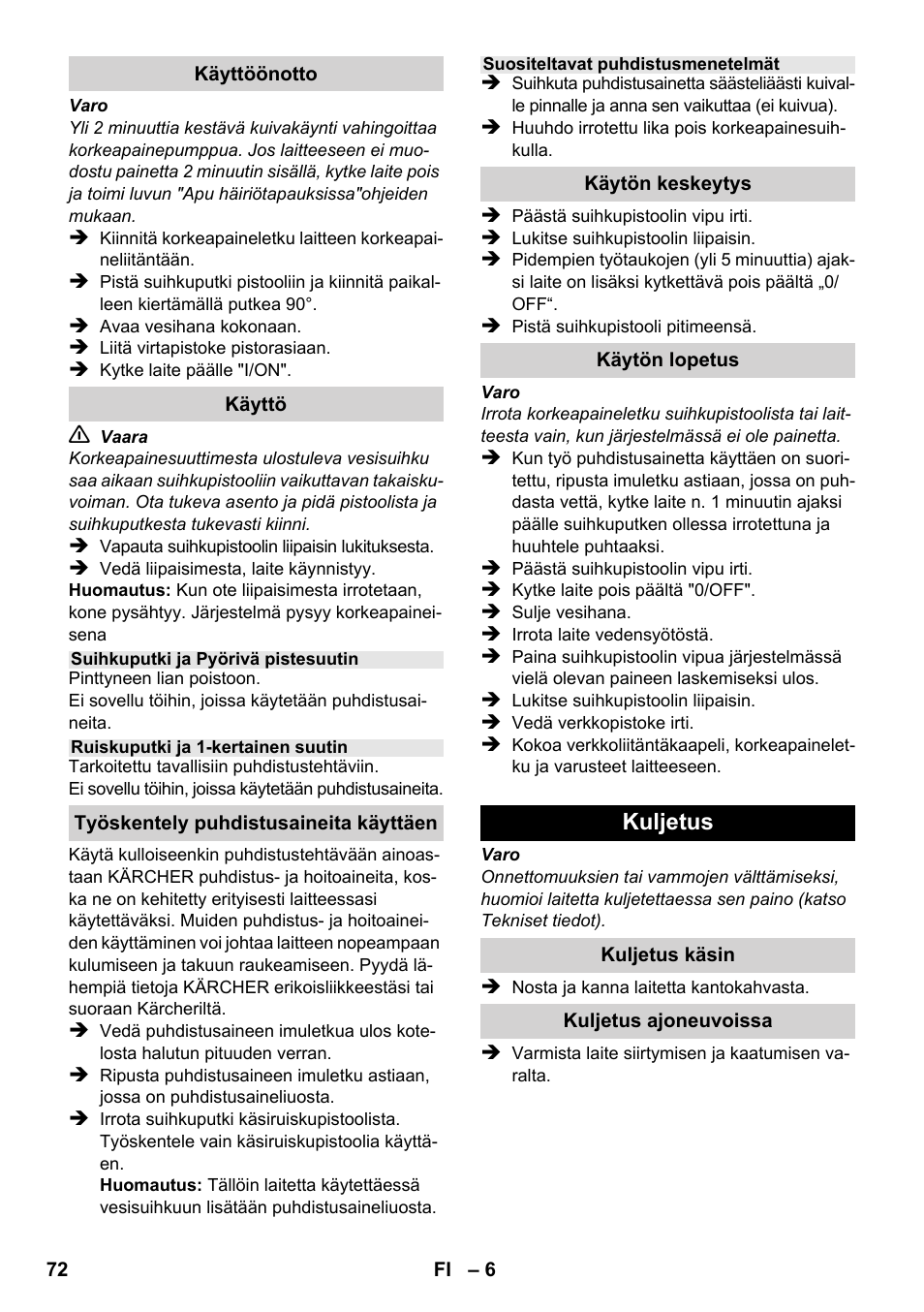 Kuljetus | Karcher K 2-185 User Manual | Page 72 / 180