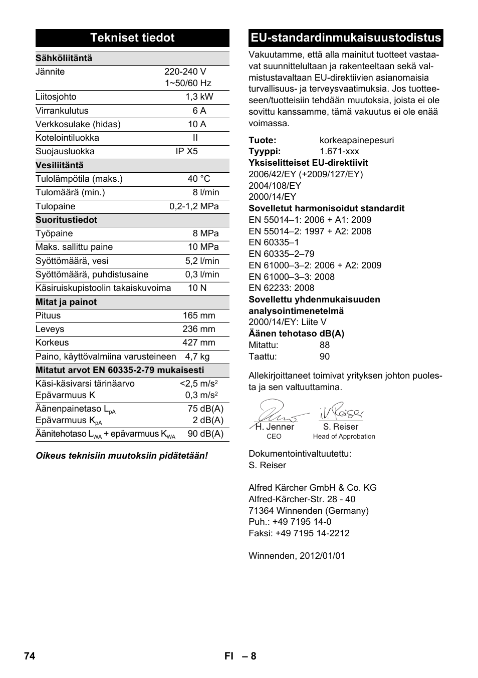 Tekniset tiedot, Eu-standardinmukaisuustodistus | Karcher K 2-185 User Manual | Page 74 / 180