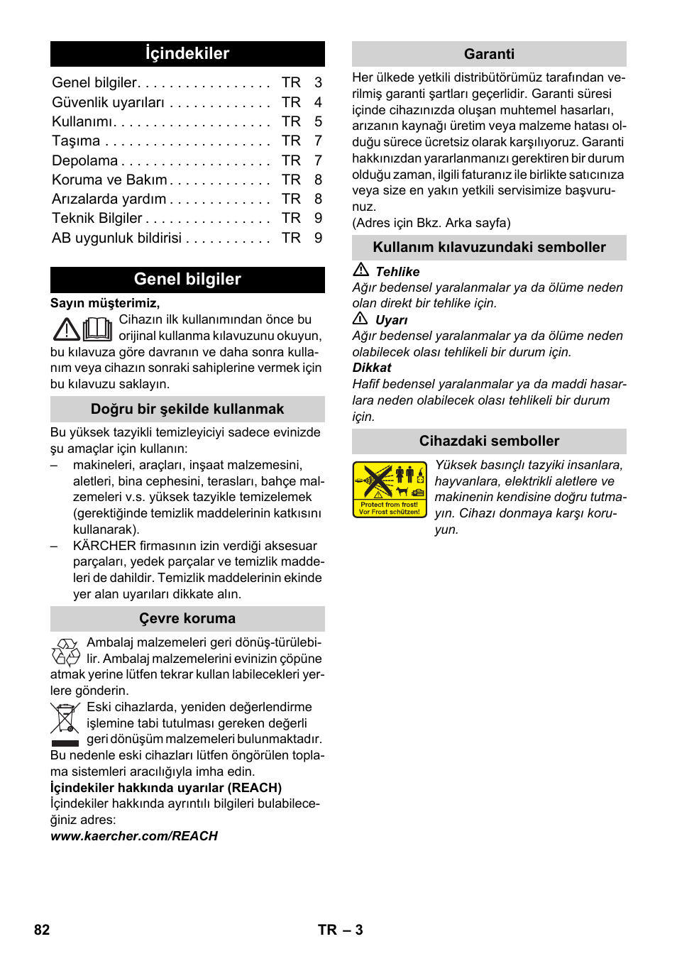 Türkçe, Içindekiler, Genel bilgiler | Karcher K 2-185 User Manual | Page 82 / 180