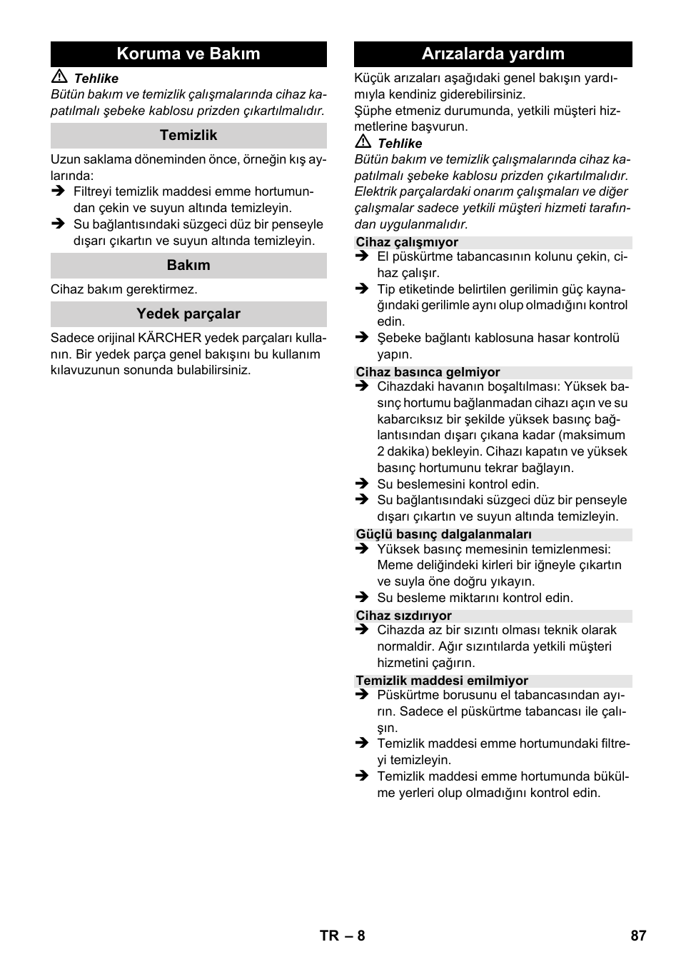 Koruma ve bakım, Arızalarda yardım | Karcher K 2-185 User Manual | Page 87 / 180