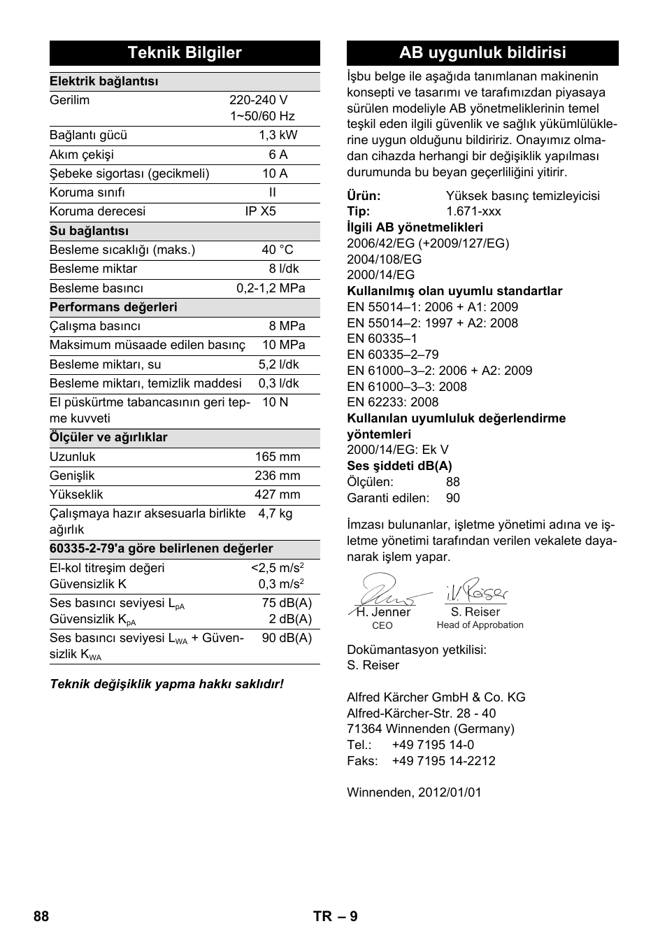 Teknik bilgiler, Ab uygunluk bildirisi | Karcher K 2-185 User Manual | Page 88 / 180