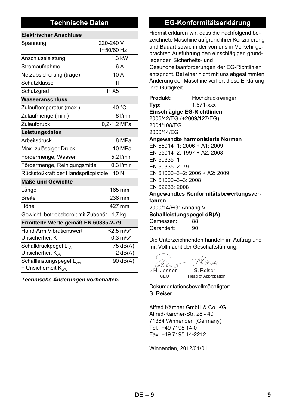 Technische daten, Eg-konformitätserklärung | Karcher K 2-185 User Manual | Page 9 / 180