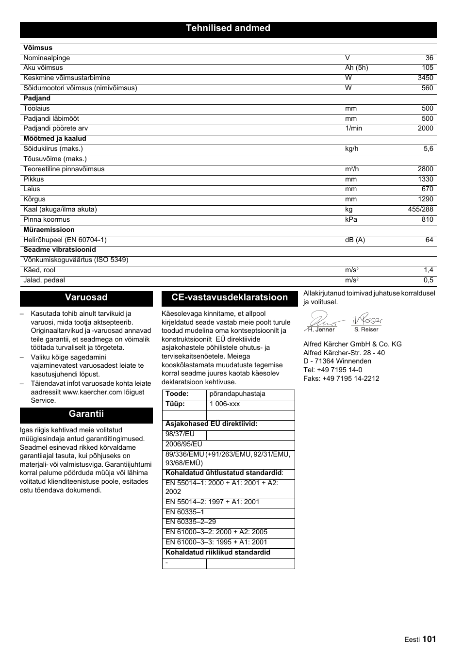Tehnilised andmed, Varuosad garantii ce-vastavusdeklaratsioon | Karcher BDP 50-2000 Rs BP User Manual | Page 101 / 196