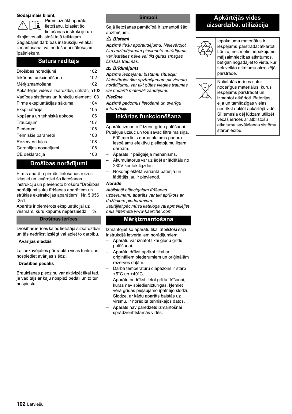 Satura rādītājs drošības norādījumi | Karcher BDP 50-2000 Rs BP User Manual | Page 102 / 196