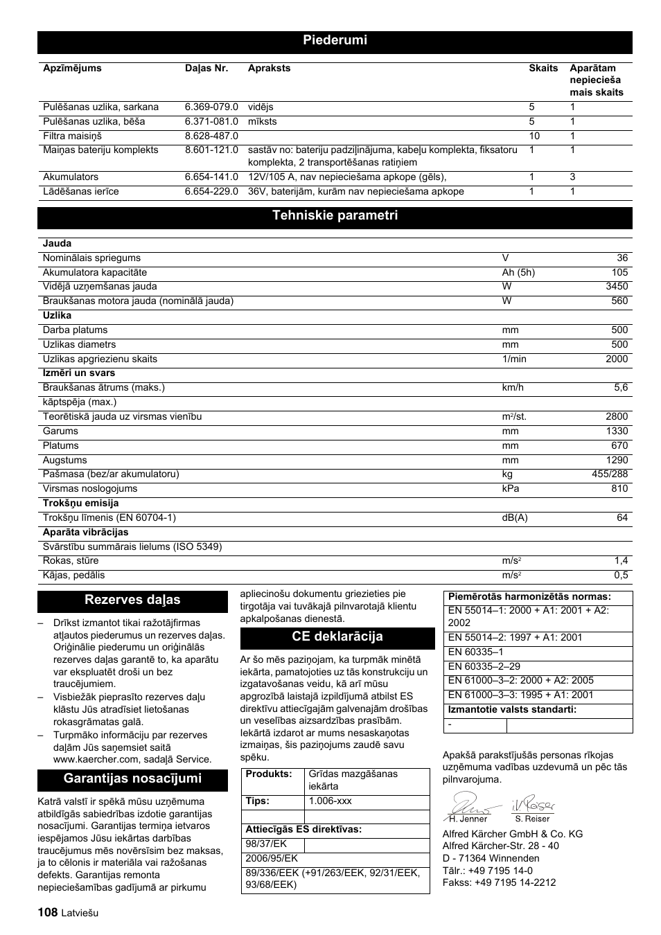 Piederumi, Tehniskie parametri | Karcher BDP 50-2000 Rs BP User Manual | Page 108 / 196
