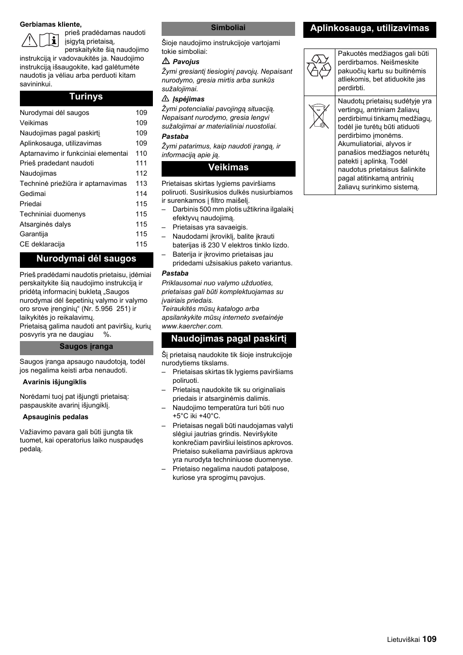 Turinys nurodymai dėl saugos | Karcher BDP 50-2000 Rs BP User Manual | Page 109 / 196