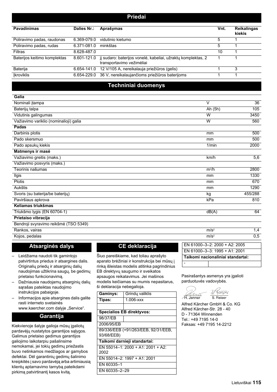 Priedai, Techniniai duomenys, Atsarginės dalys garantija ce deklaracija | Karcher BDP 50-2000 Rs BP User Manual | Page 115 / 196