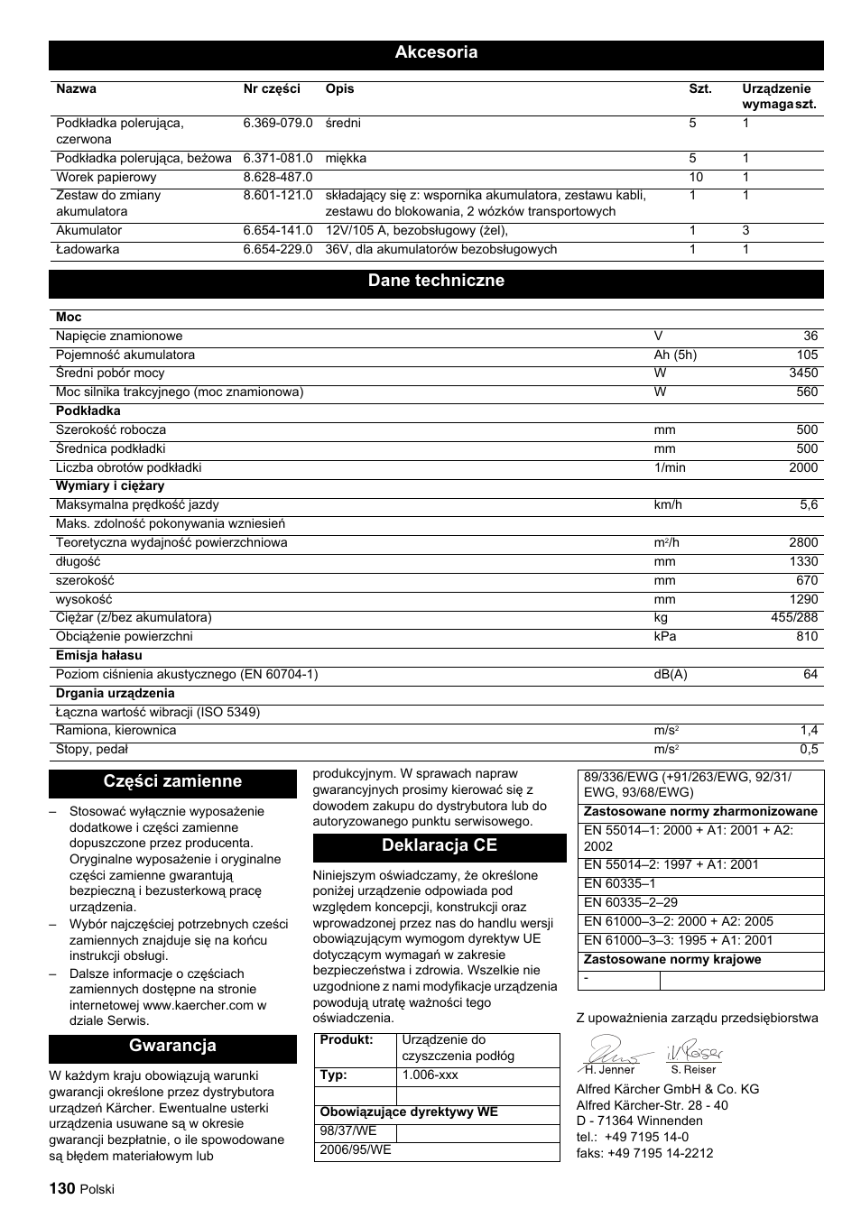 Akcesoria, Dane techniczne, Części zamienne gwarancja deklaracja ce | Karcher BDP 50-2000 Rs BP User Manual | Page 130 / 196