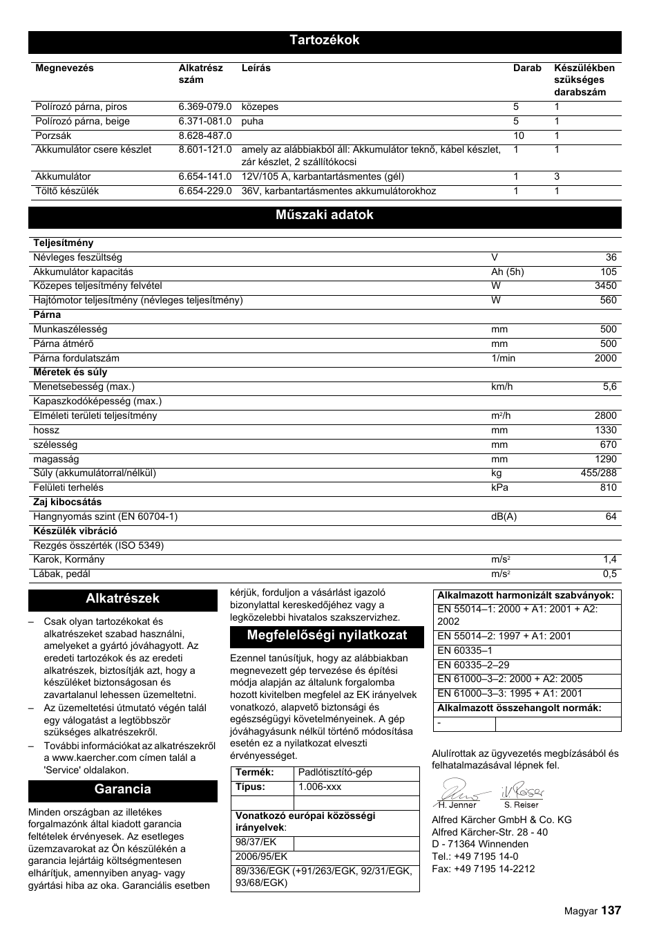 Tartozékok, Műszaki adatok, Alkatrészek garancia megfelelőségi nyilatkozat | Karcher BDP 50-2000 Rs BP User Manual | Page 137 / 196