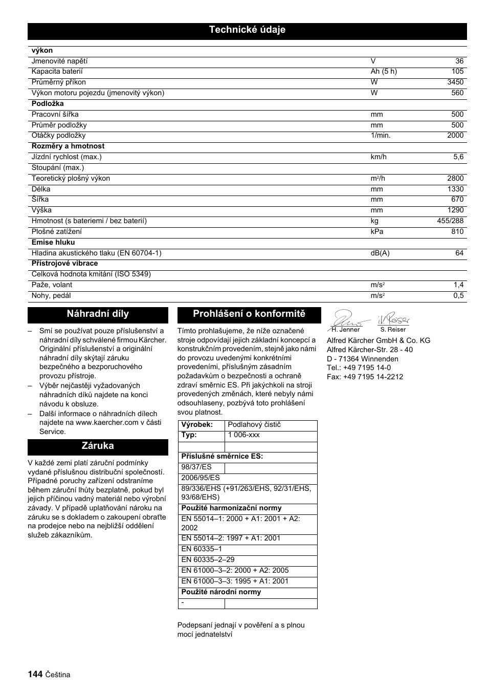 Technické údaje, Náhradní díly záruka prohlášení o konformitě | Karcher BDP 50-2000 Rs BP User Manual | Page 144 / 196
