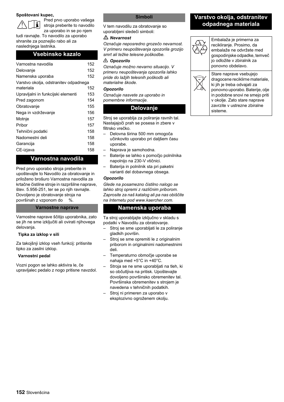 Vsebinsko kazalo varnostna navodila | Karcher BDP 50-2000 Rs BP User Manual | Page 152 / 196