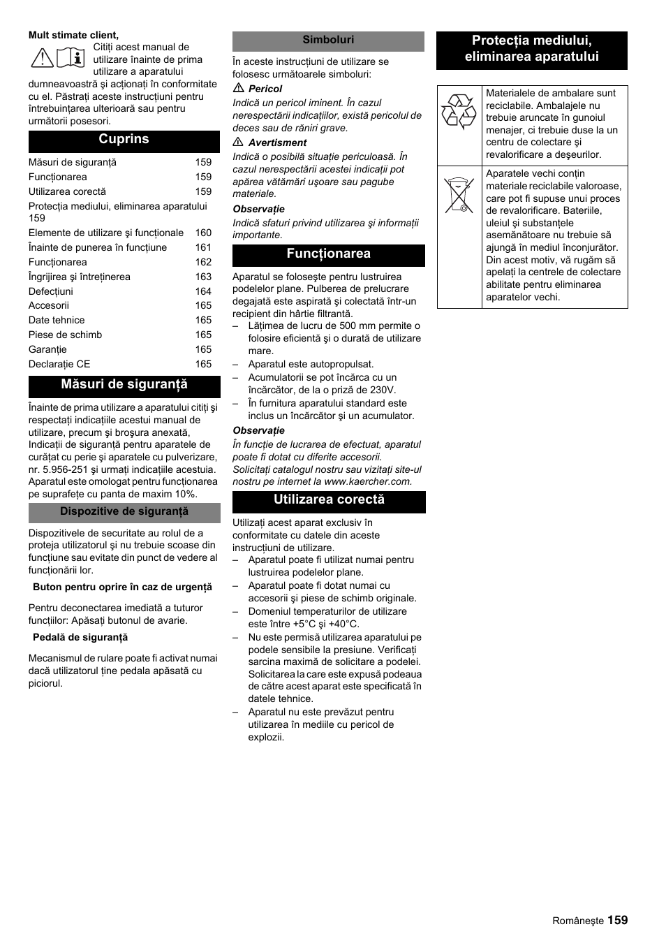 Cuprins măsuri de siguranţă | Karcher BDP 50-2000 Rs BP User Manual | Page 159 / 196