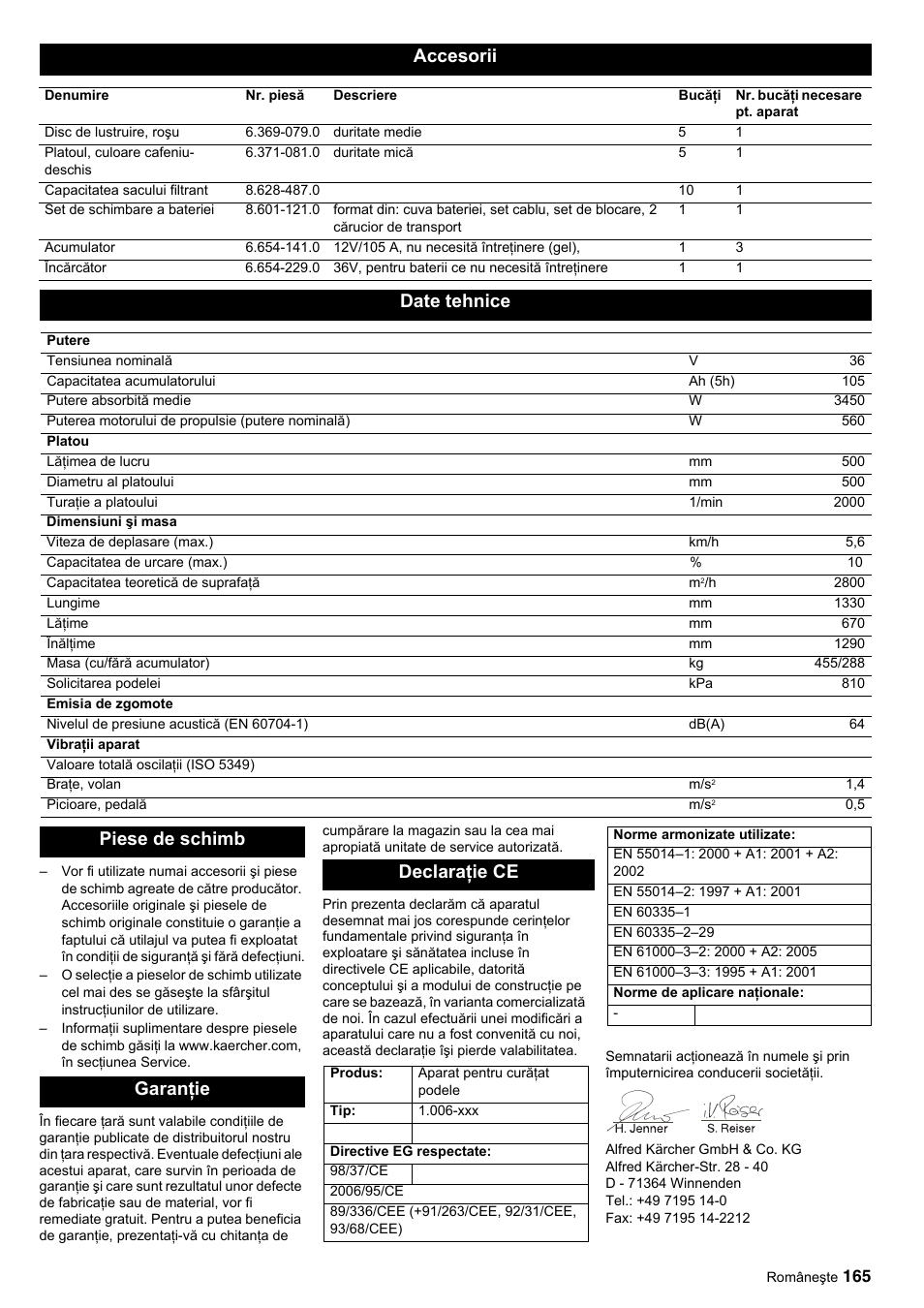 Accesorii, Date tehnice, Piese de schimb garanţie declaraţie ce | Karcher BDP 50-2000 Rs BP User Manual | Page 165 / 196