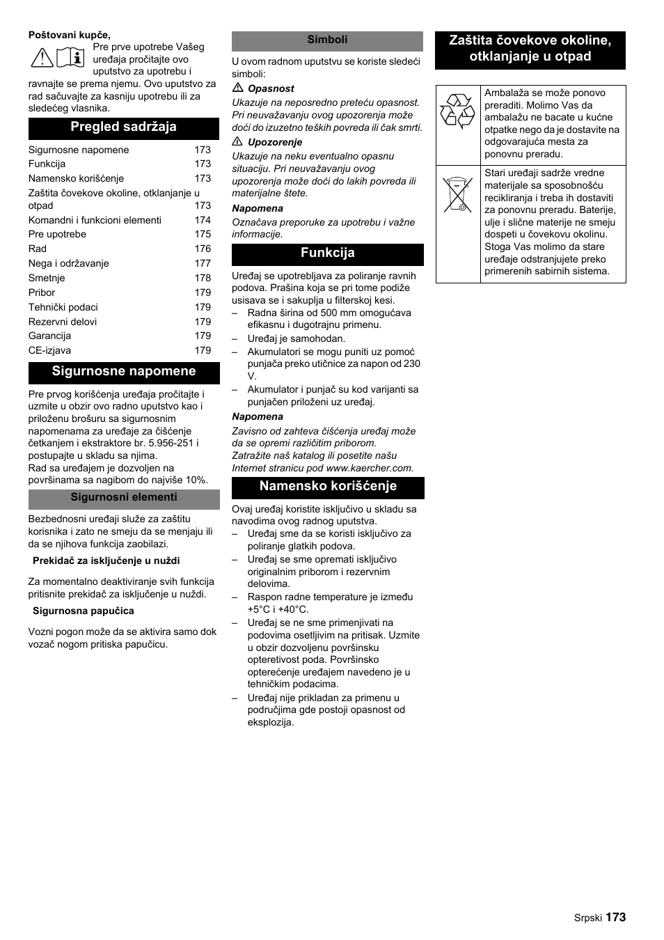 Pregled sadržaja sigurnosne napomene | Karcher BDP 50-2000 Rs BP User Manual | Page 173 / 196
