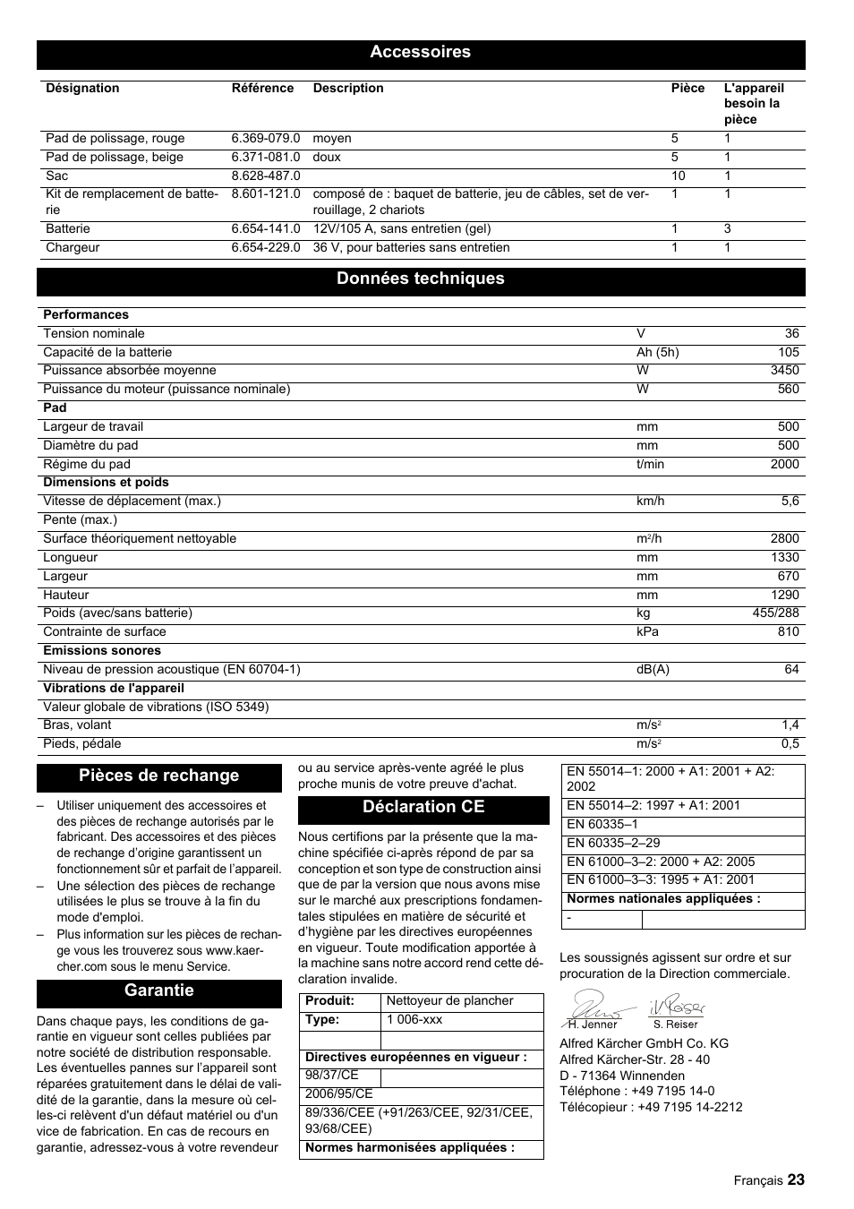 Accessoires, Données techniques, Pièces de rechange garantie déclaration ce | Karcher BDP 50-2000 Rs BP User Manual | Page 23 / 196