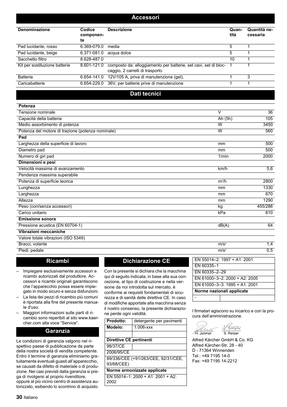 Accessori, Dati tecnici, Ricambi garanzia dichiarazione ce | Karcher BDP 50-2000 Rs BP User Manual | Page 30 / 196