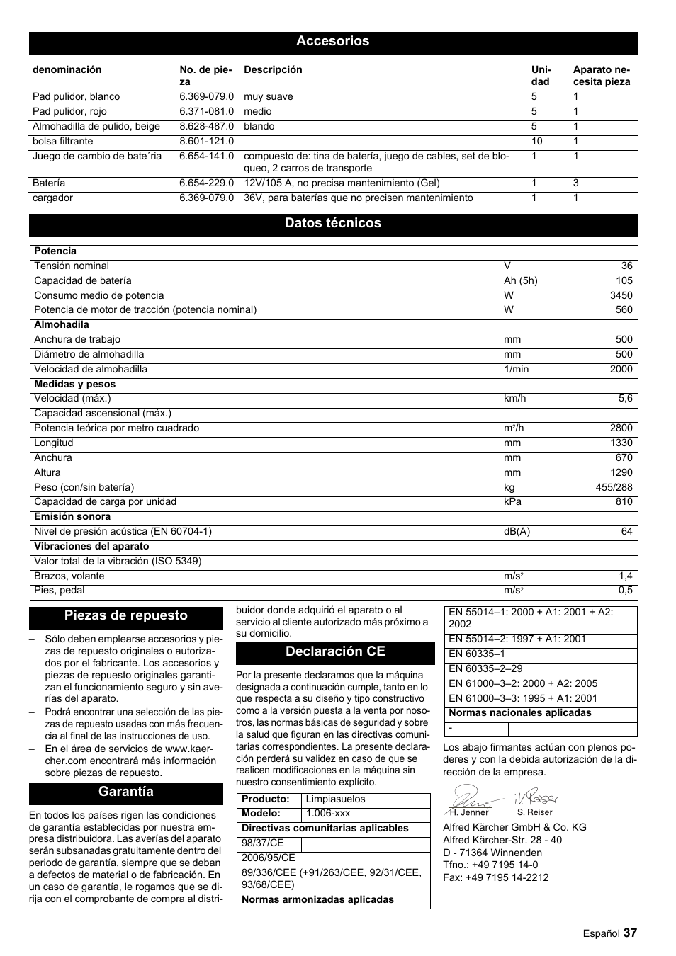 Accesorios, Datos técnicos, Piezas de repuesto garantía declaración ce | Karcher BDP 50-2000 Rs BP User Manual | Page 37 / 196