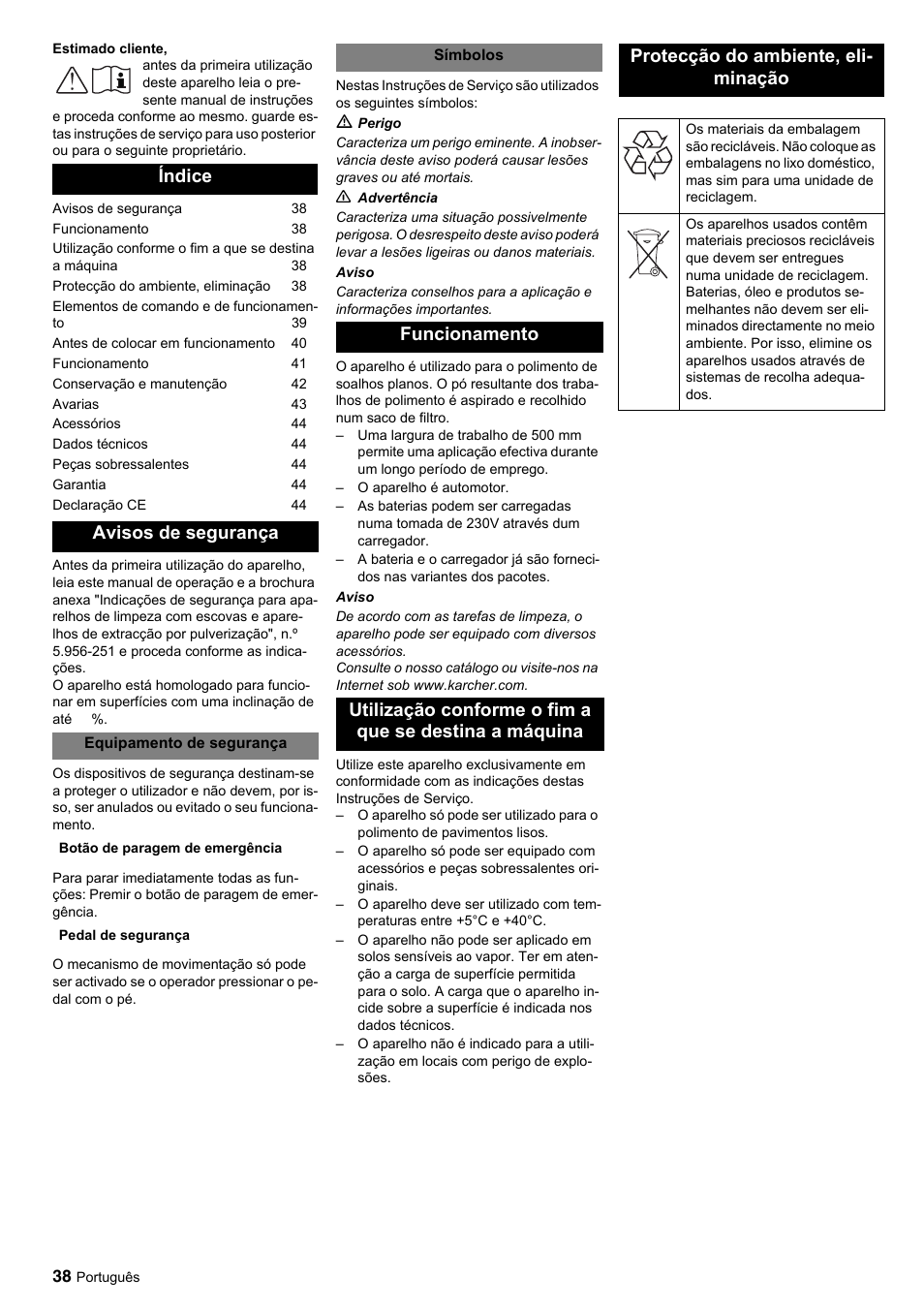 Índice avisos de segurança | Karcher BDP 50-2000 Rs BP User Manual | Page 38 / 196