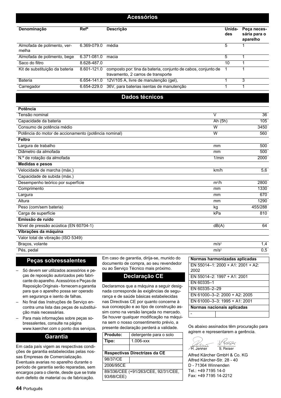 Acessórios, Dados técnicos, Peças sobressalentes garantia declaração ce | Karcher BDP 50-2000 Rs BP User Manual | Page 44 / 196