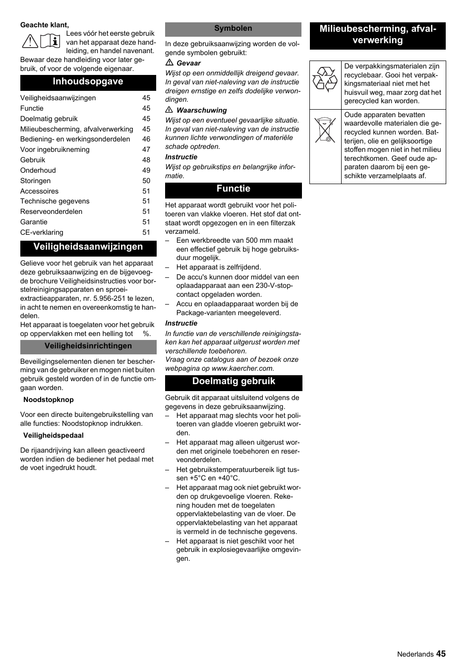 Inhoudsopgave veiligheidsaanwijzingen | Karcher BDP 50-2000 Rs BP User Manual | Page 45 / 196