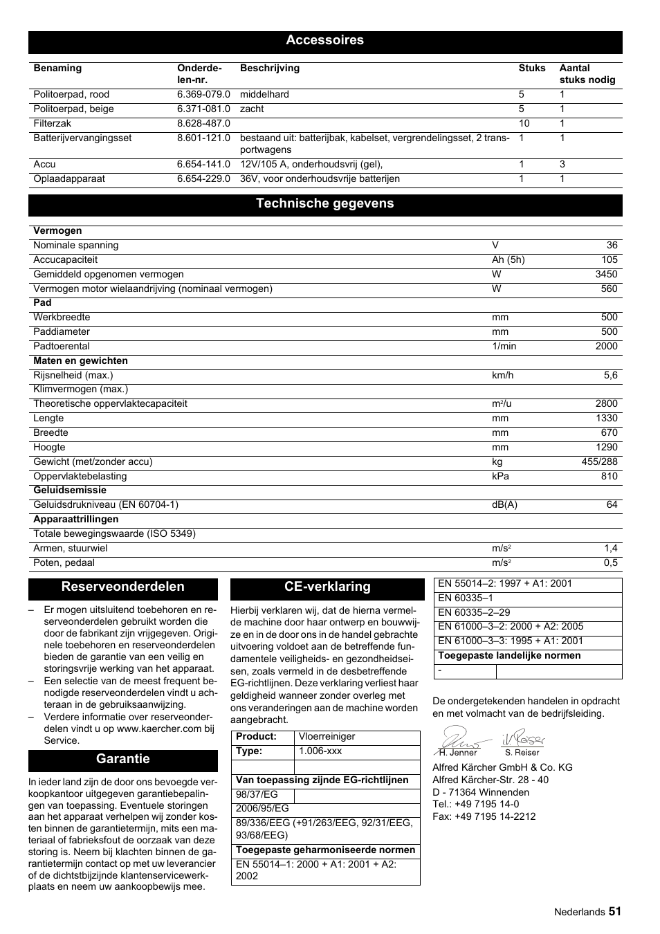 Accessoires, Technische gegevens, Reserveonderdelen garantie ce-verklaring | Karcher BDP 50-2000 Rs BP User Manual | Page 51 / 196