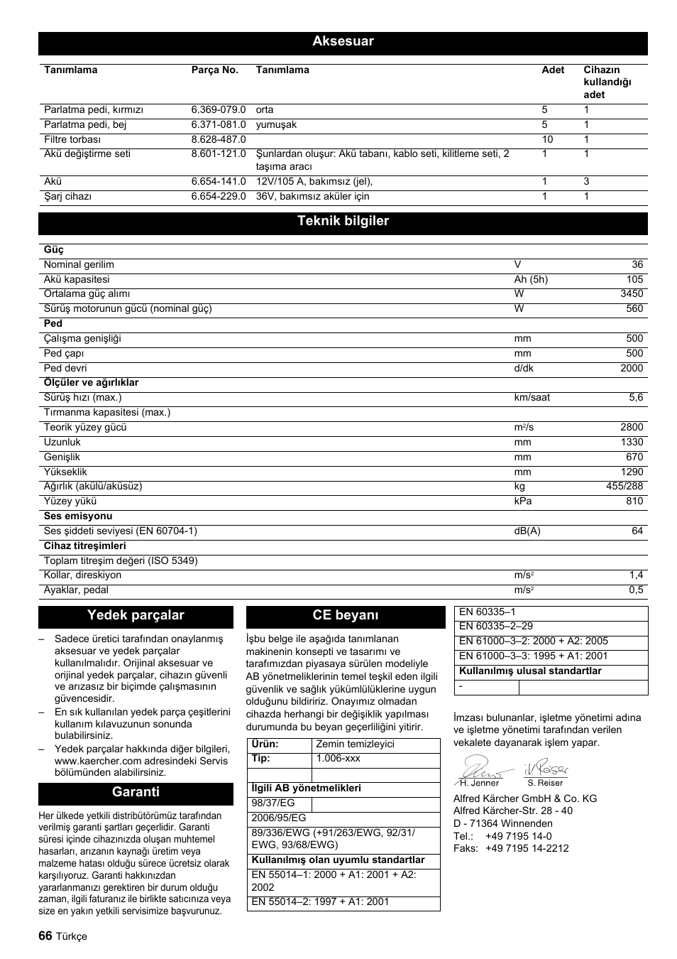 Aksesuar, Teknik bilgiler, Yedek parçalar garanti ce beyanı | Karcher BDP 50-2000 Rs BP User Manual | Page 66 / 196