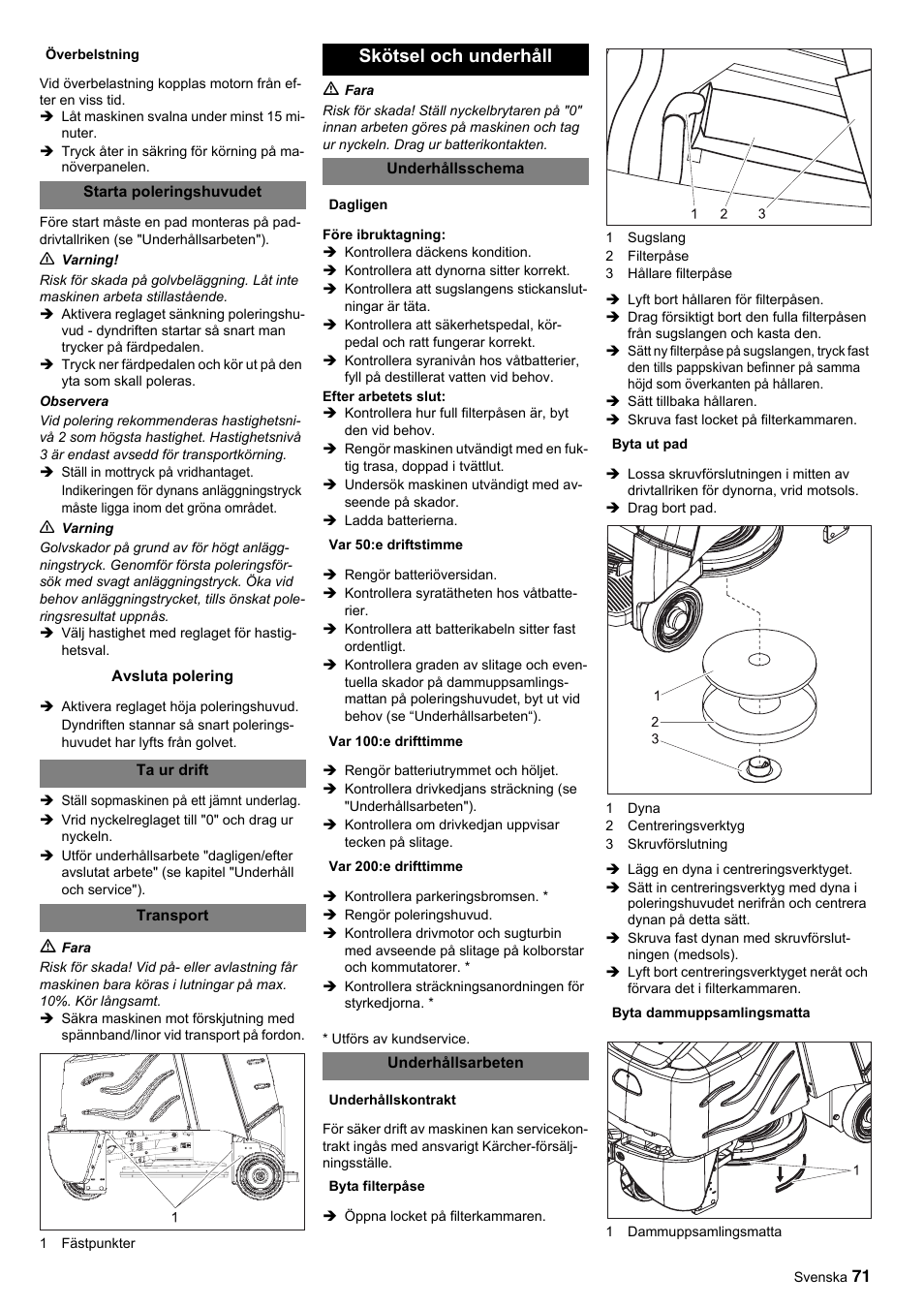 Skötsel och underhåll | Karcher BDP 50-2000 Rs BP User Manual | Page 71 / 196