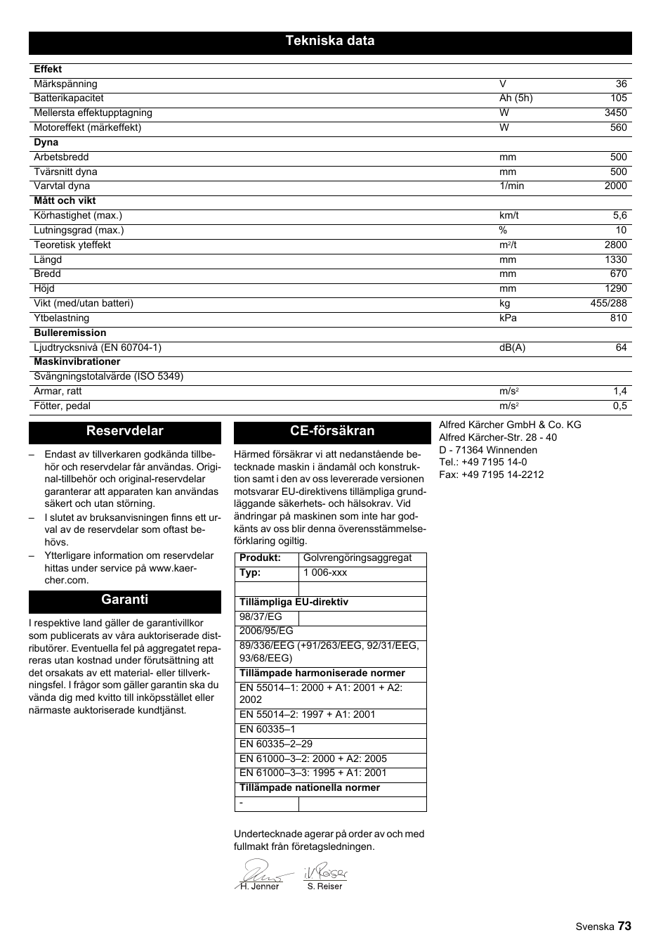 Tekniska data, Reservdelar garanti ce-försäkran | Karcher BDP 50-2000 Rs BP User Manual | Page 73 / 196