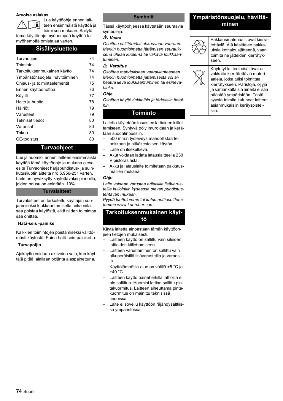 Sisällysluettelo turvaohjeet | Karcher BDP 50-2000 Rs BP User Manual | Page 74 / 196
