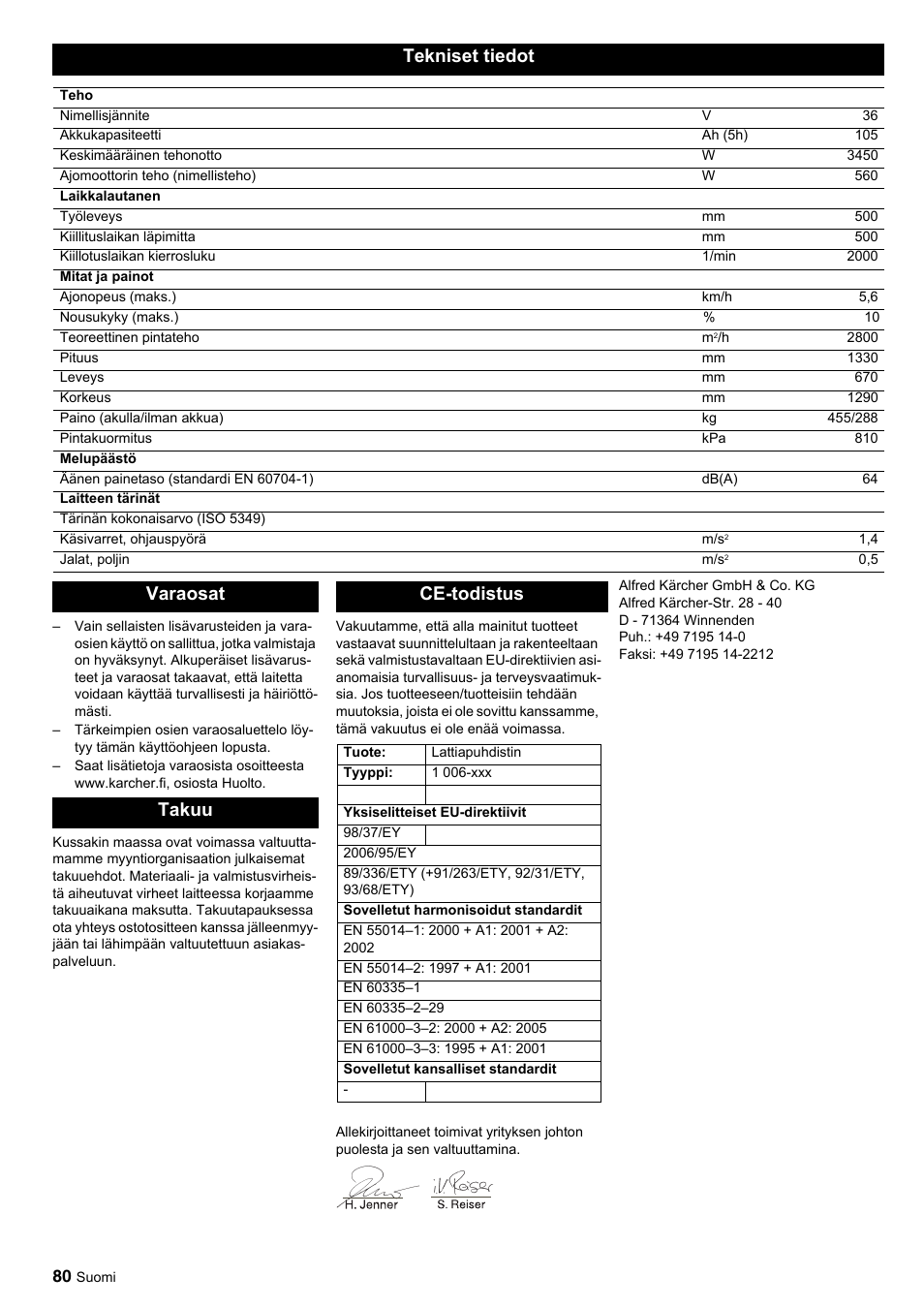 Tekniset tiedot, Varaosat takuu ce-todistus | Karcher BDP 50-2000 Rs BP User Manual | Page 80 / 196
