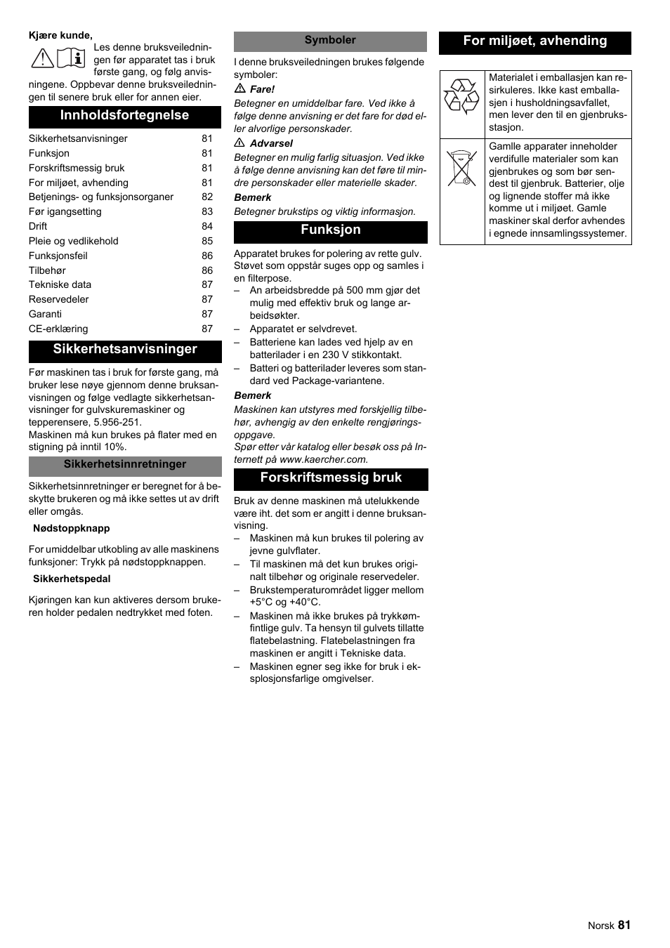 Innholdsfortegnelse sikkerhetsanvisninger | Karcher BDP 50-2000 Rs BP User Manual | Page 81 / 196