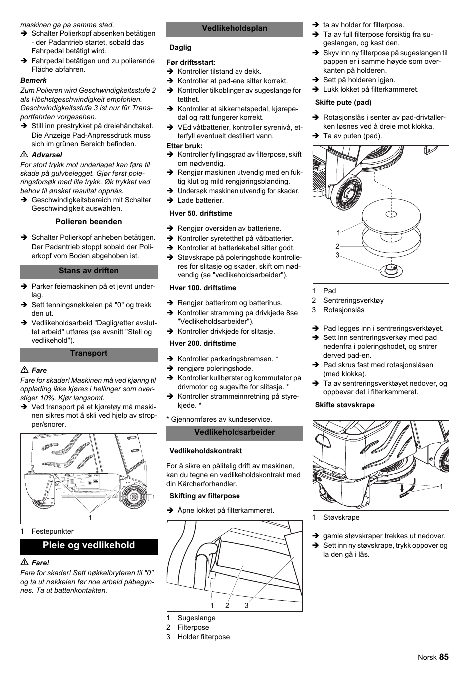 Pleie og vedlikehold | Karcher BDP 50-2000 Rs BP User Manual | Page 85 / 196