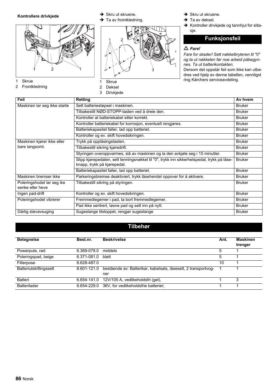Funksjonsfeil, Tilbehør | Karcher BDP 50-2000 Rs BP User Manual | Page 86 / 196