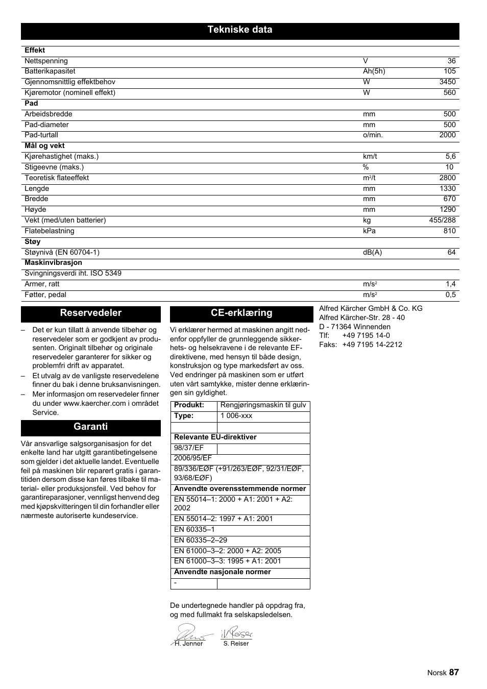 Tekniske data, Reservedeler garanti ce-erklæring | Karcher BDP 50-2000 Rs BP User Manual | Page 87 / 196