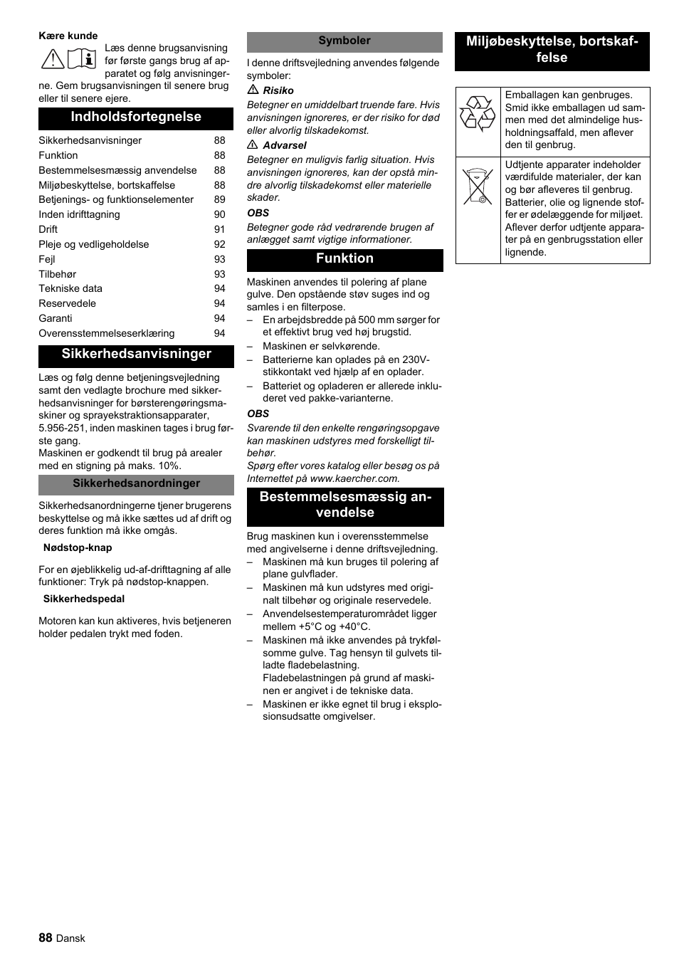 Indholdsfortegnelse sikkerhedsanvisninger | Karcher BDP 50-2000 Rs BP User Manual | Page 88 / 196