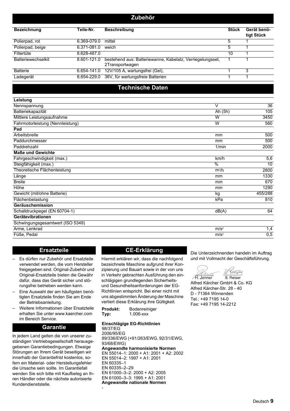 Zubehör, Technische daten, Ersatzteile garantie ce-erklärung | Karcher BDP 50-2000 Rs BP User Manual | Page 9 / 196