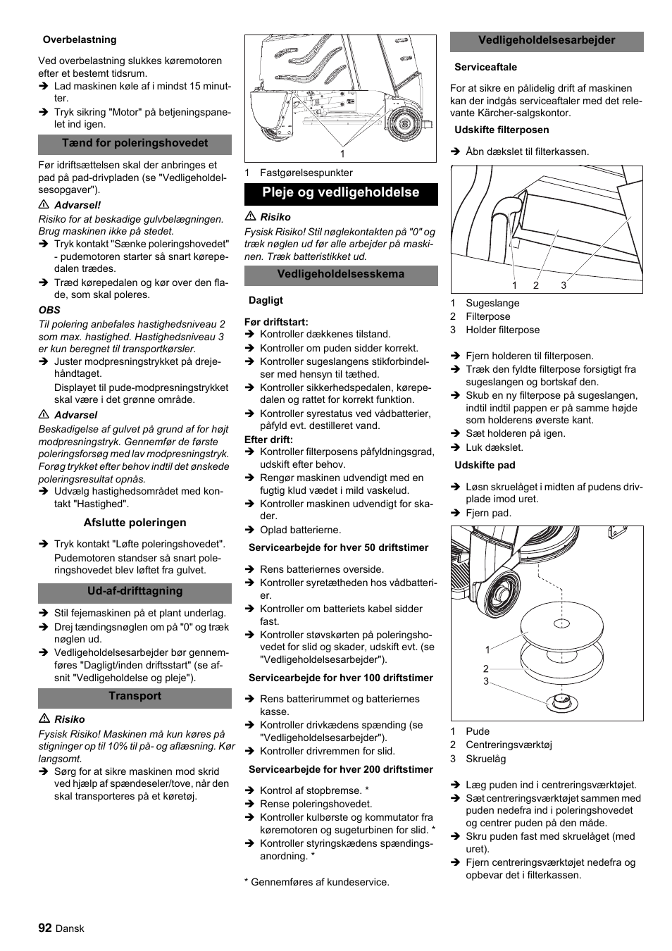 Pleje og vedligeholdelse | Karcher BDP 50-2000 Rs BP User Manual | Page 92 / 196