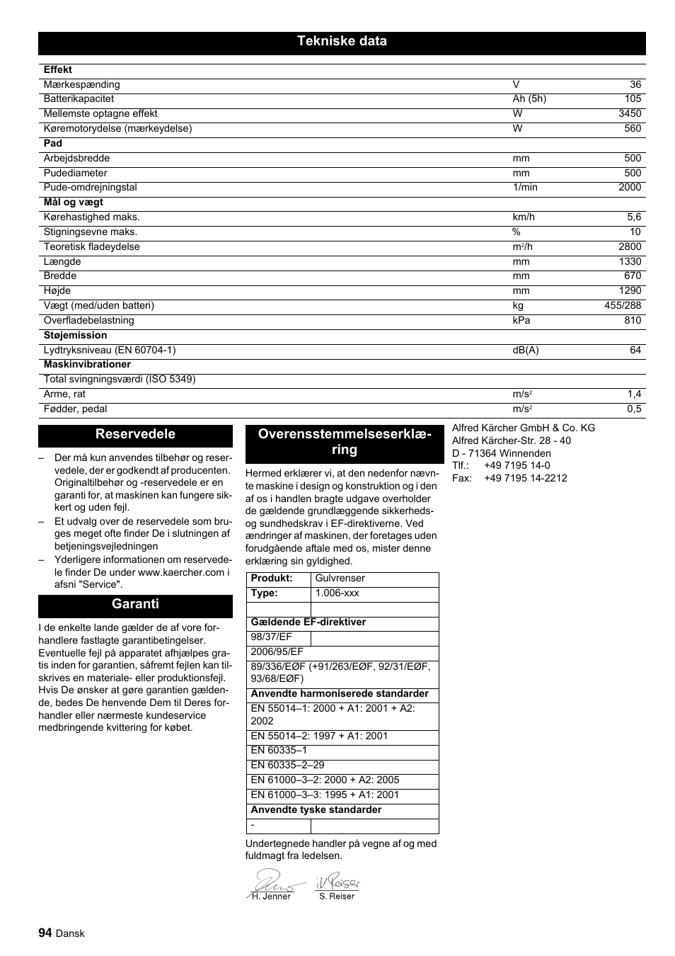 Tekniske data, Reservedele garanti overensstemmelseserklæ- ring | Karcher BDP 50-2000 Rs BP User Manual | Page 94 / 196