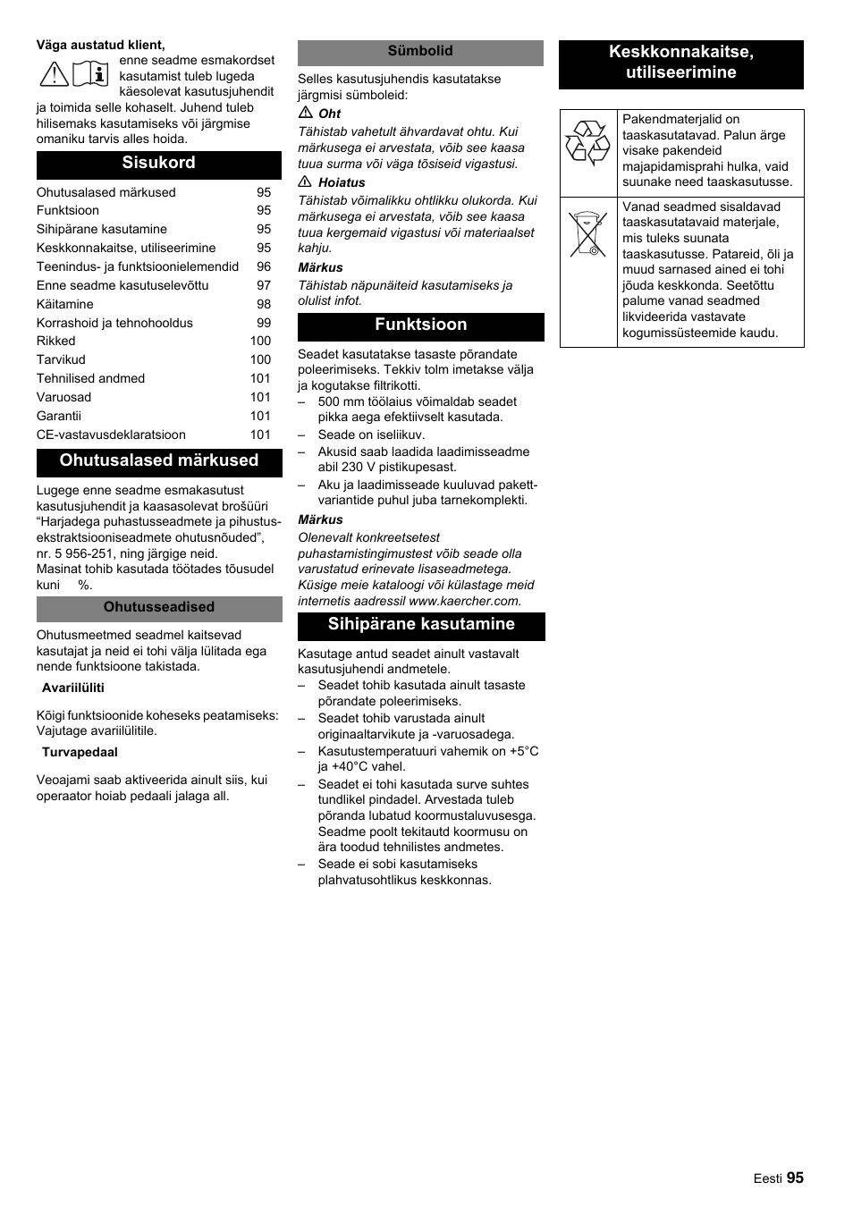 Sisukord ohutusalased märkused | Karcher BDP 50-2000 Rs BP User Manual | Page 95 / 196