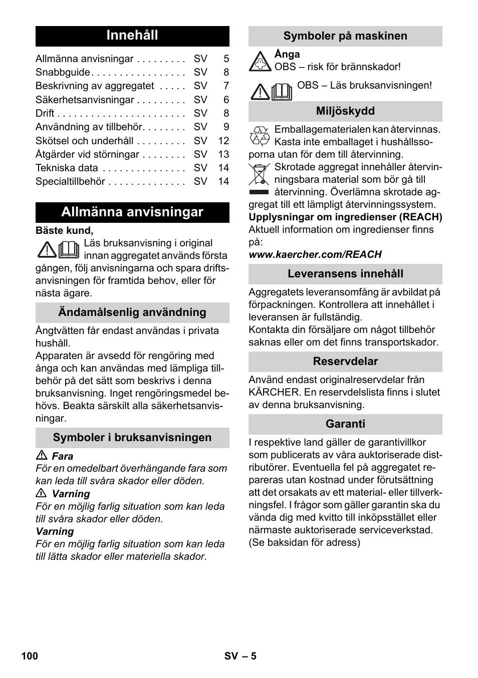 Svenska, Innehåll, Allmänna anvisningar | Karcher SC 4-100 CB User Manual | Page 100 / 314