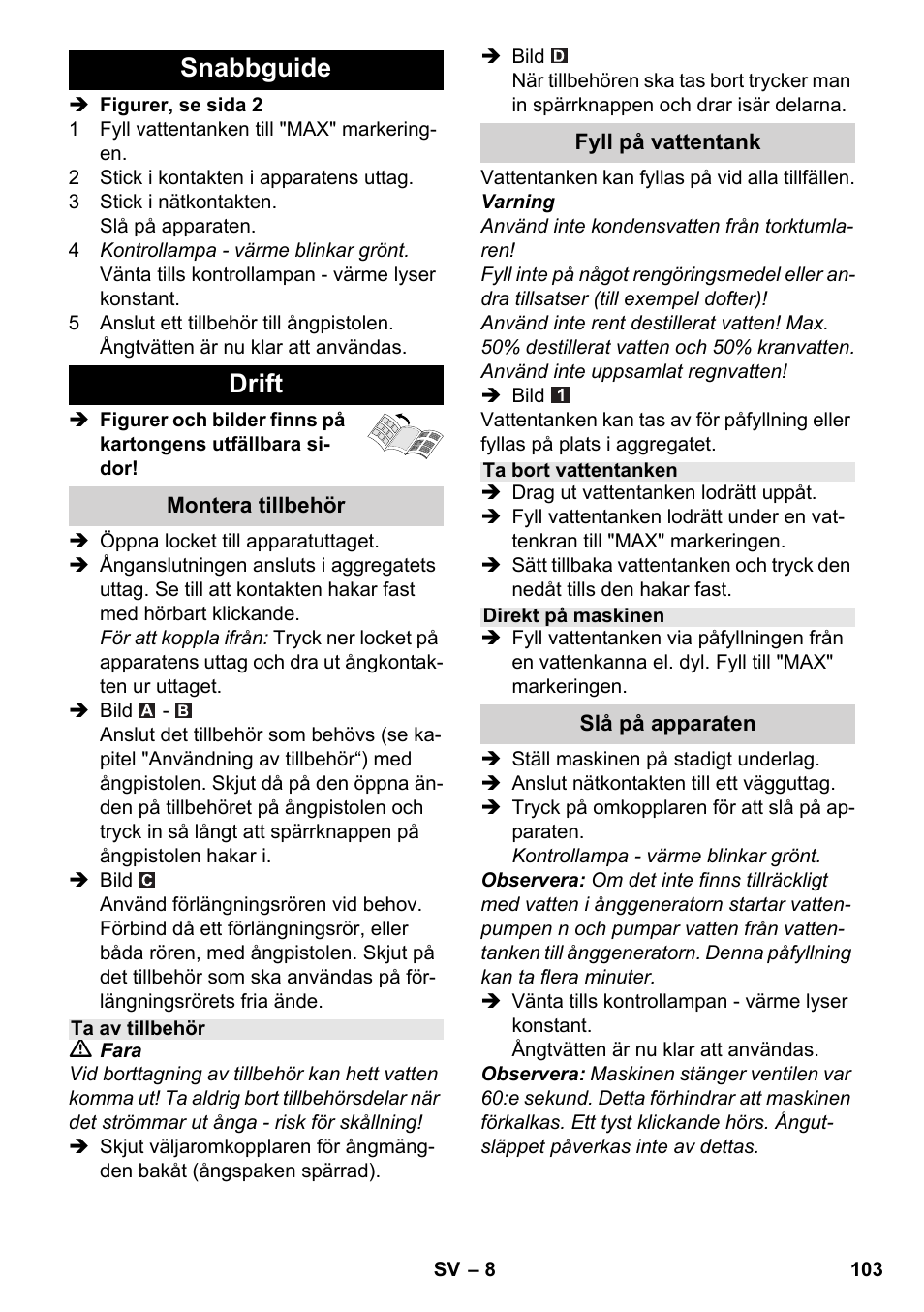 Snabbguide drift | Karcher SC 4-100 CB User Manual | Page 103 / 314