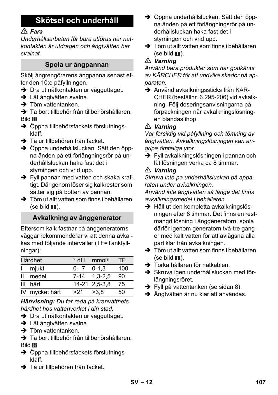 Skötsel och underhåll | Karcher SC 4-100 CB User Manual | Page 107 / 314