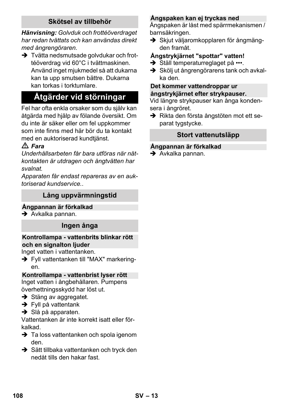 Åtgärder vid störningar | Karcher SC 4-100 CB User Manual | Page 108 / 314