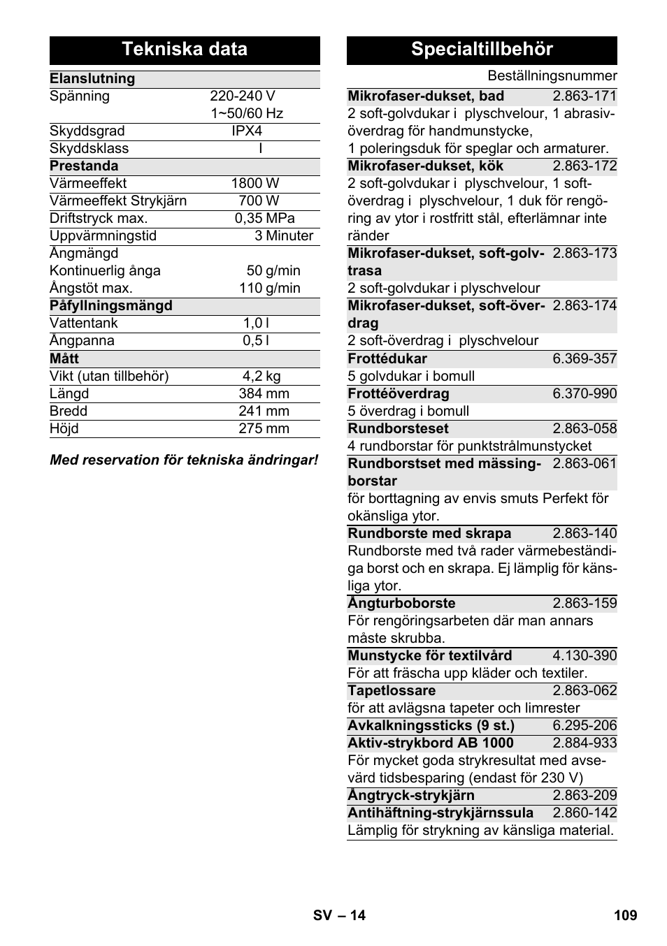 Tekniska data, Specialtillbehör | Karcher SC 4-100 CB User Manual | Page 109 / 314