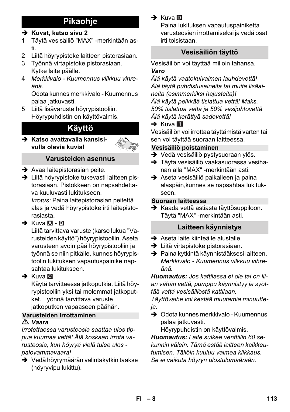 Pikaohje käyttö | Karcher SC 4-100 CB User Manual | Page 113 / 314