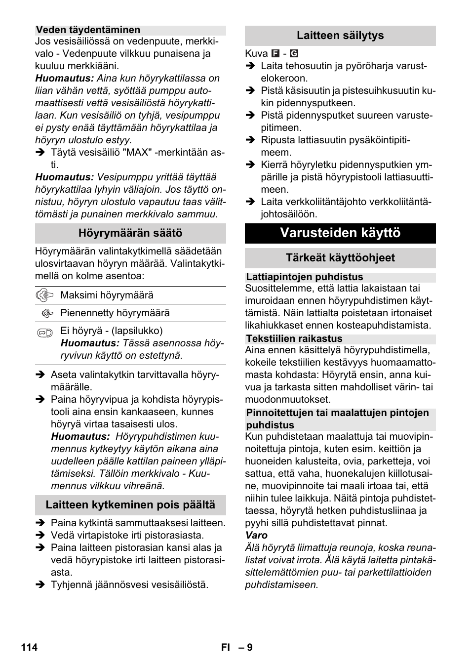 Varusteiden käyttö | Karcher SC 4-100 CB User Manual | Page 114 / 314